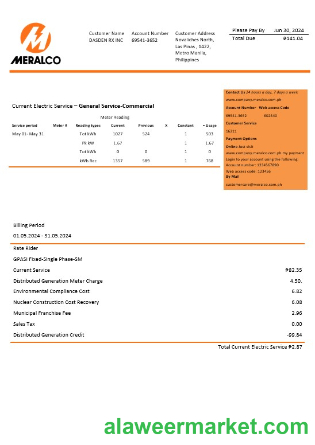 Philippines Manila Electric Company (Meralco) electricity business utility bill Word and PDF template